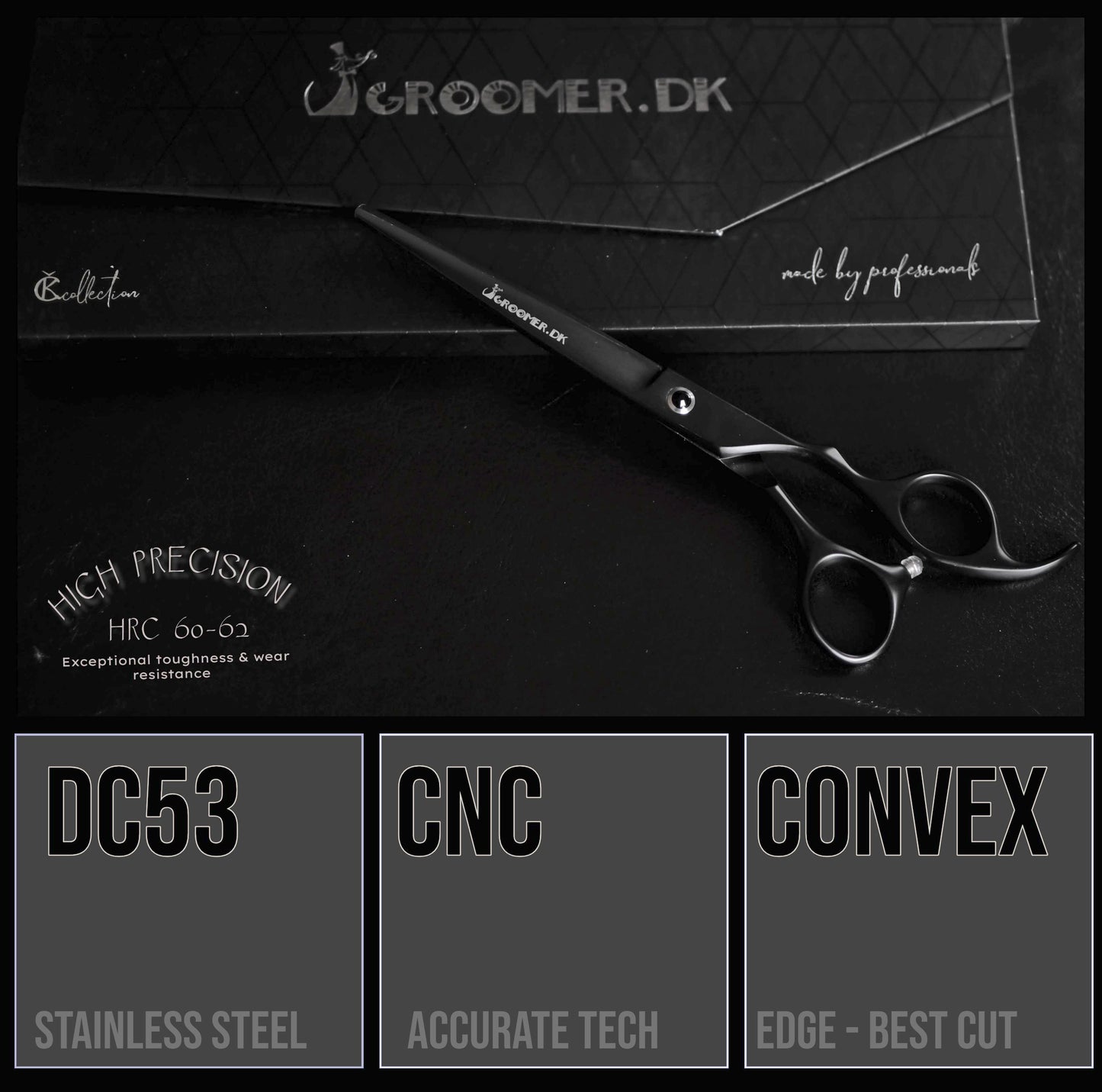 Groomer.dk Black Satin Basic Straight Scissor - 7.5 Inch - Professional Dog Grooming Scissor